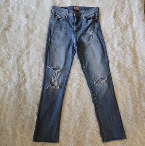 MOTHER Distressed Skinny Jeans in Mid Blue